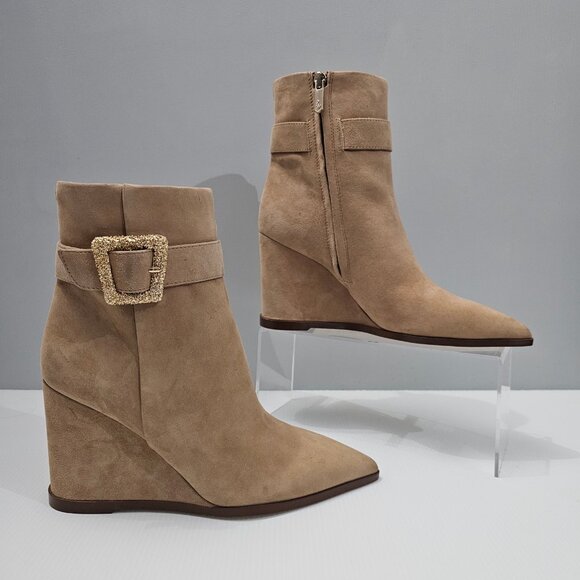 NEW Sam Edelman Weslie Ankle Bootie Womens 7 Tan Suede Wedge Pointed Toe Buckle - Picture 3 of 13